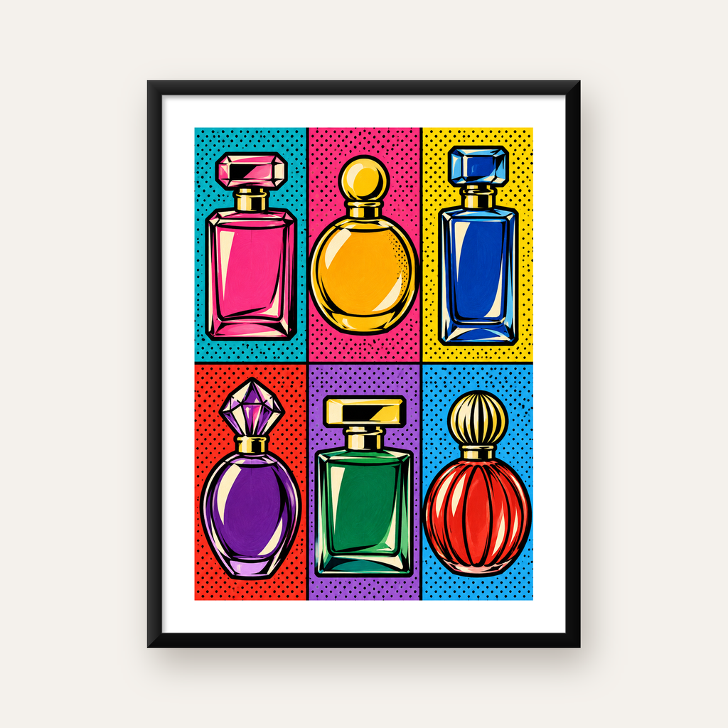 Pop Art Parfüm Şişeleri Poster – Renkli Duvar Dekoru — Dikey baskı, beyaz paspartulu