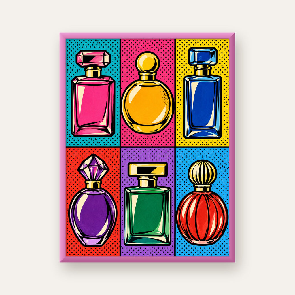 Pop Art Parfüm Şişeleri Poster – Renkli Duvar Dekoru — pembe çerçeveli
