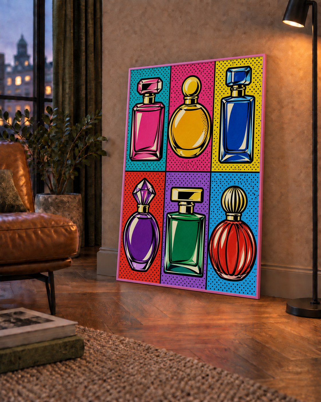 Pop Art Parfüm Şişeleri Poster – Renkli Duvar Dekoru — çerçeveli hâliyle bir ev duvarında
