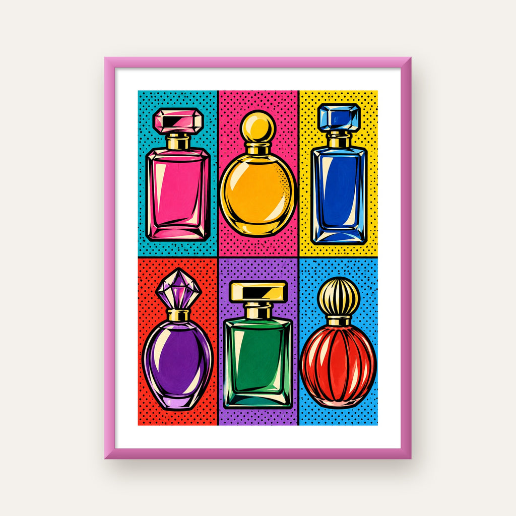 Pop Art Parfüm Şişeleri Poster – Renkli Duvar Dekoru — pembe çerçeveli paspartulu