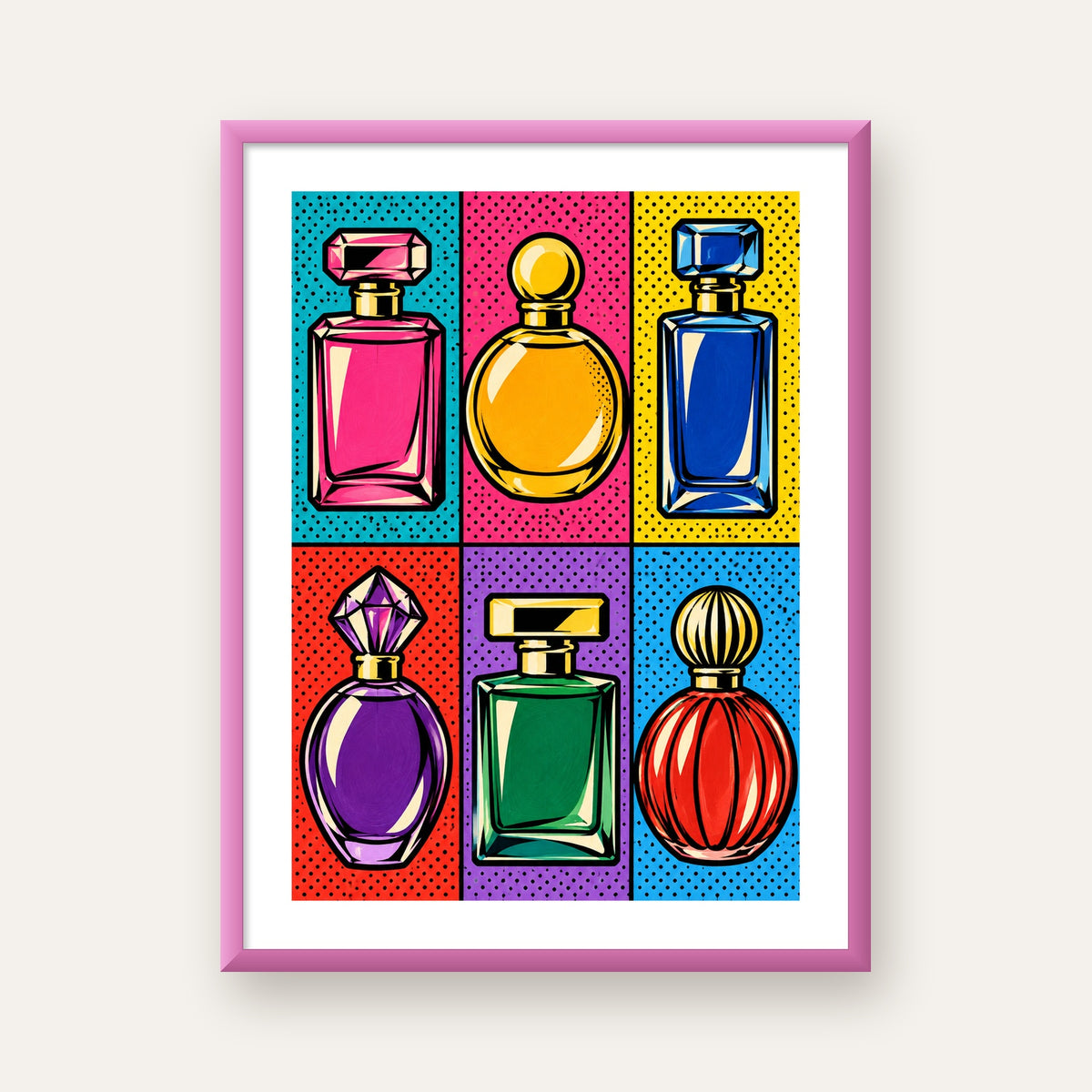 Pop Art Parfüm Şişeleri Poster – Renkli Duvar Dekoru — pembe çerçeveli paspartulu