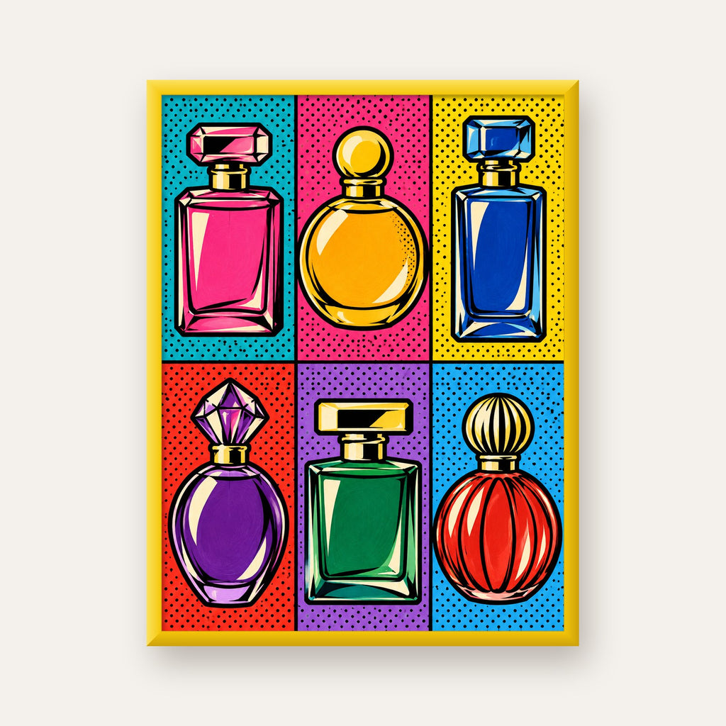 Pop Art Parfüm Şişeleri Poster – Renkli Duvar Dekoru — sarı çerçeveli