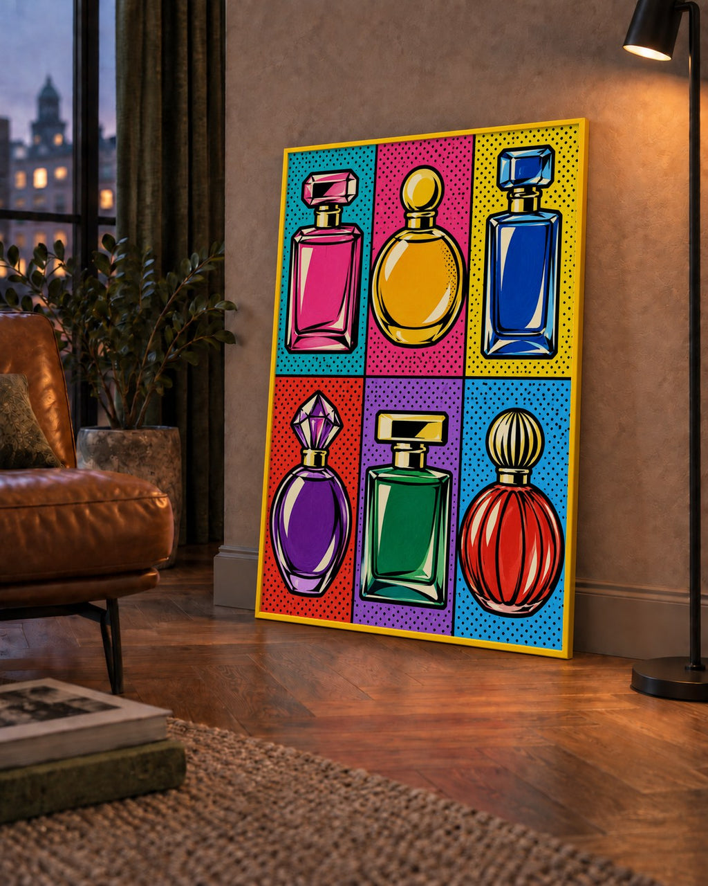 Pop Art Parfüm Şişeleri Poster – Renkli Duvar Dekoru — çerçeveli hâliyle bir ev duvarında