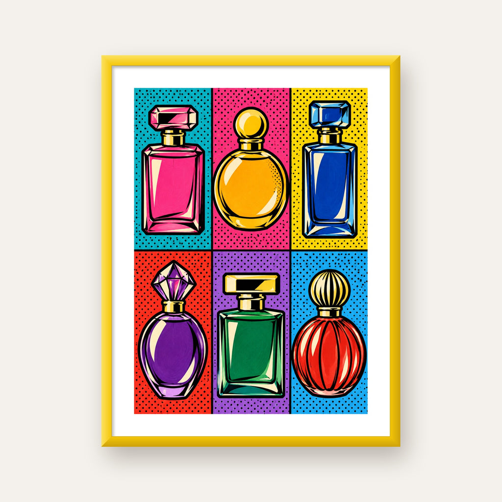 Pop Art Parfüm Şişeleri Poster – Renkli Duvar Dekoru — sarı çerçeveli paspartulu