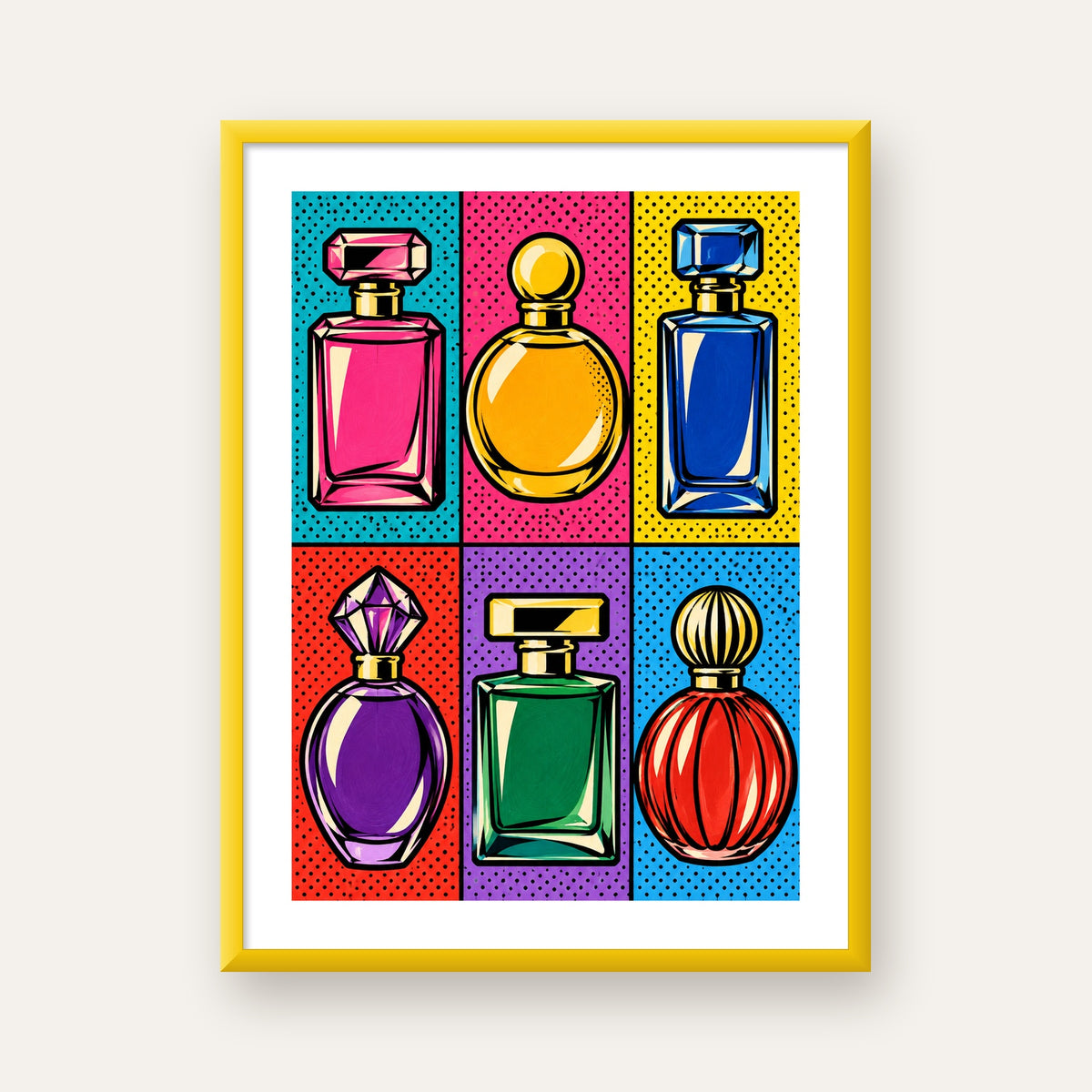 Pop Art Parfüm Şişeleri Poster – Renkli Duvar Dekoru — sarı çerçeveli paspartulu