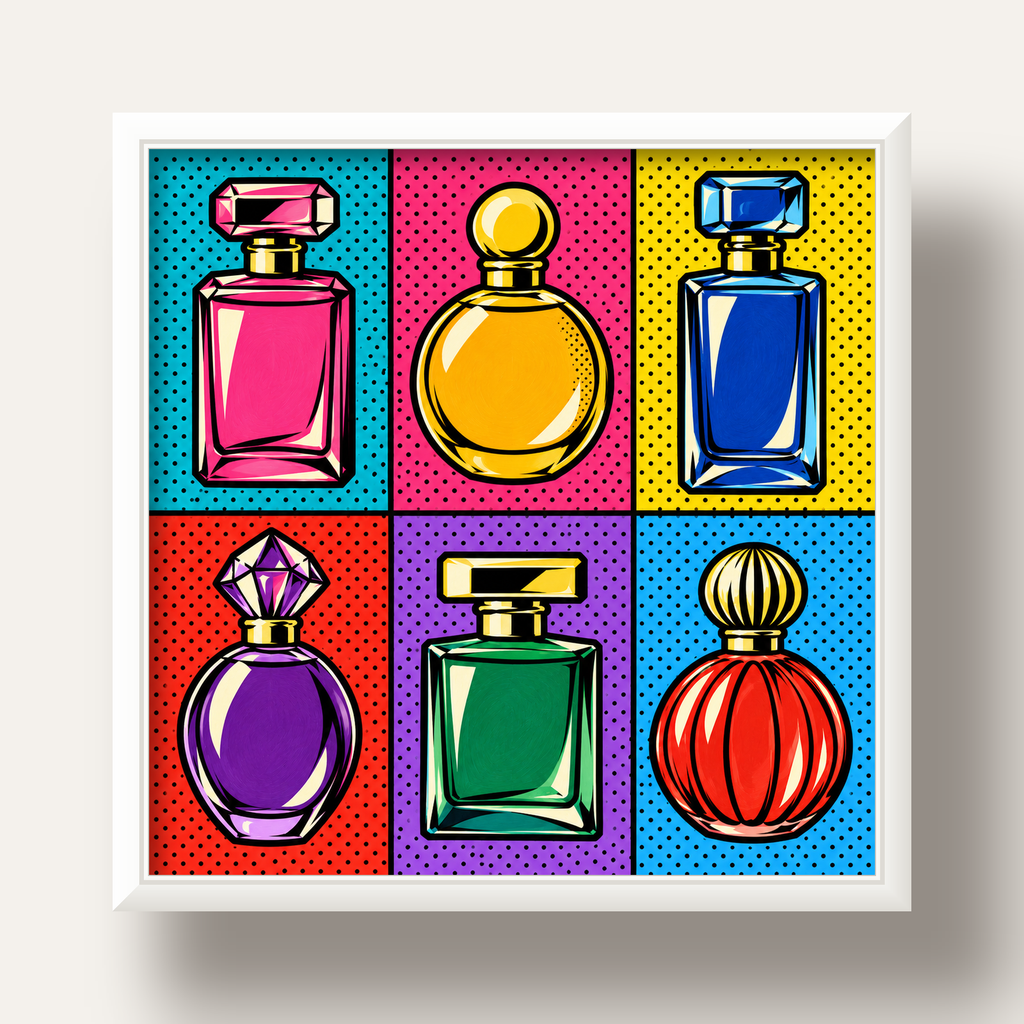 Pop Art Parfüm Şişeleri Poster – Renkli Duvar Dekoru — beyaz derin çerçeveli