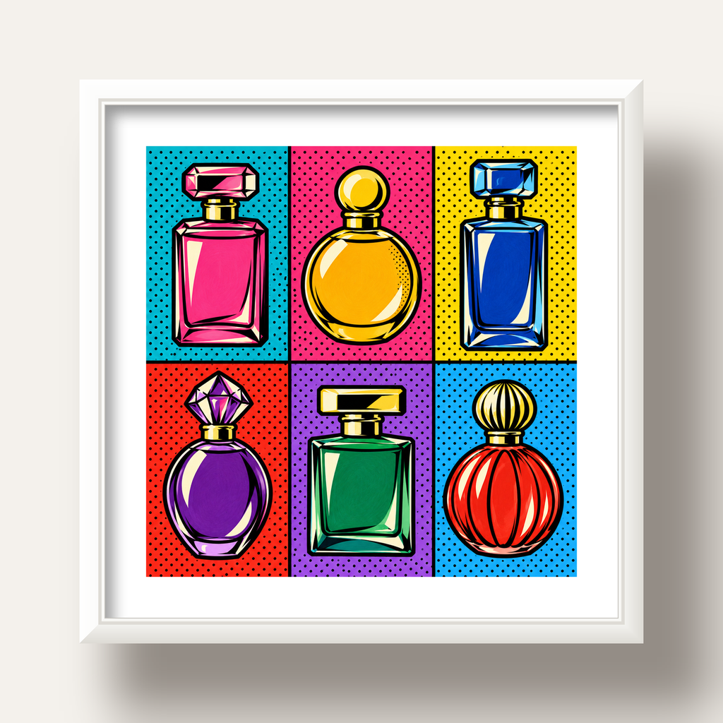 Pop Art Parfüm Şişeleri Poster – Renkli Duvar Dekoru — beyaz derin çerçeveli paspartulu