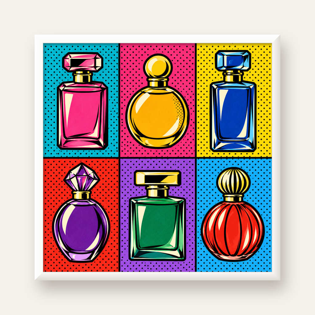 Pop Art Parfüm Şişeleri Poster – Renkli Duvar Dekoru — beyaz çerçeveli kare poster
