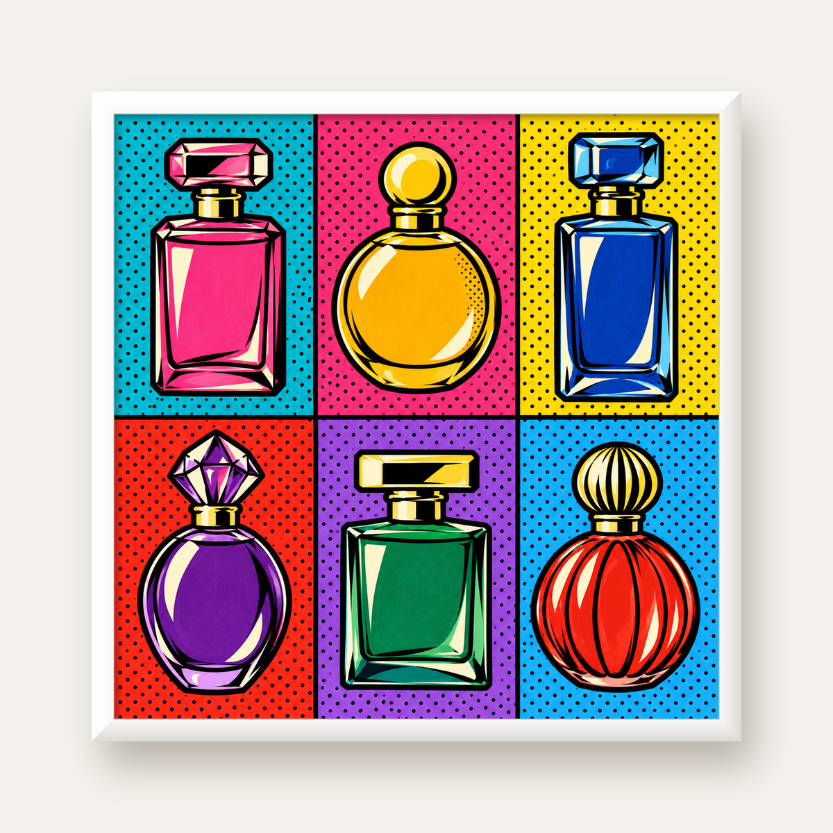 Pop Art Parfüm Şişeleri Poster – Renkli Duvar Dekoru — beyaz çerçeveli kare poster