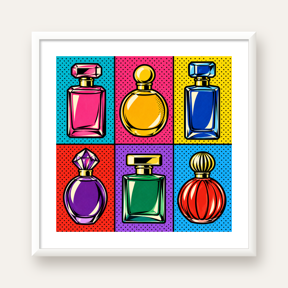 Pop Art Parfüm Şişeleri Poster – Renkli Duvar Dekoru — beyaz çerçeveli kare poster