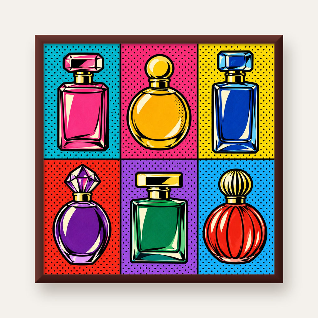 Pop Art Parfüm Şişeleri Poster – Renkli Duvar Dekoru — ceviz çerçeveli