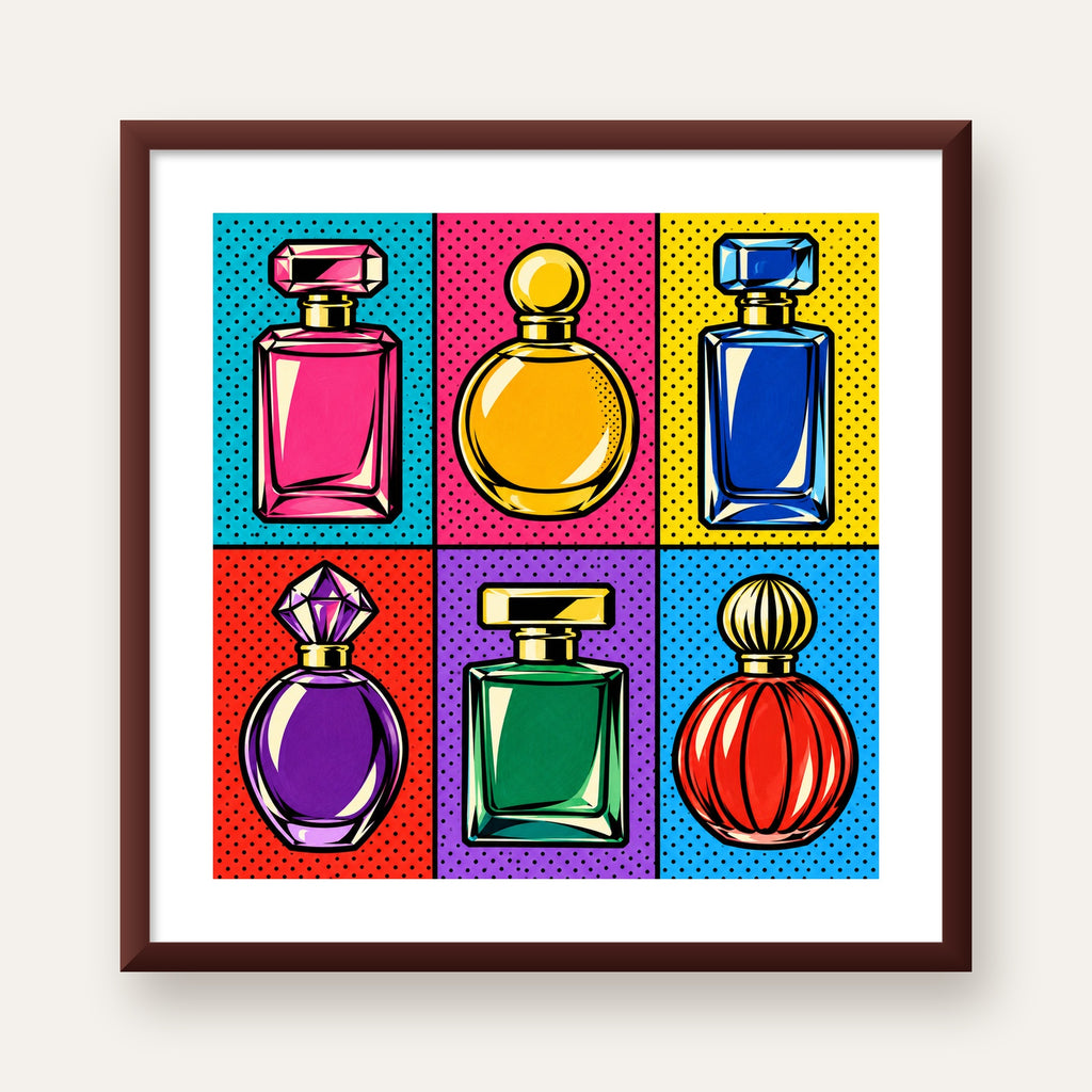 Pop Art Parfüm Şişeleri Poster – Renkli Duvar Dekoru — ceviz çerçeveli paspartulu