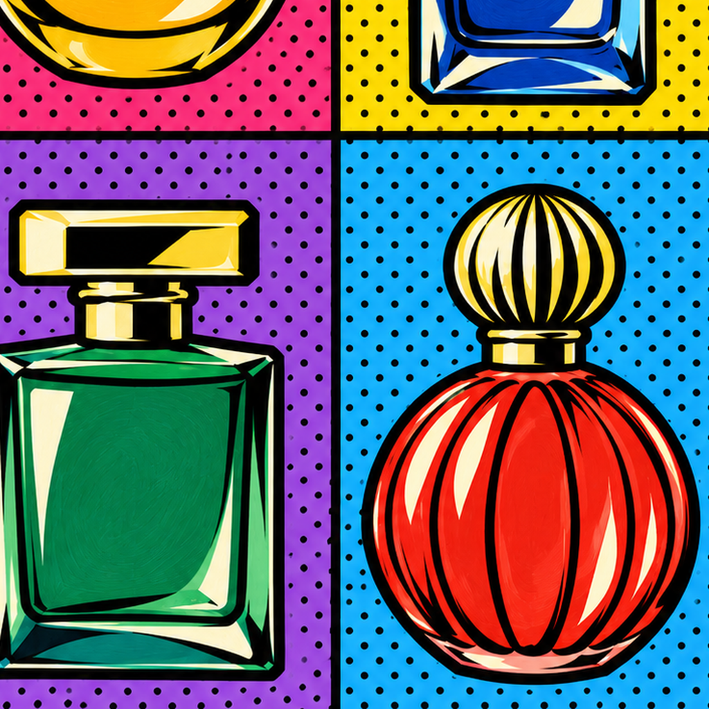 Pop Art Parfüm Şişeleri Poster – Renkli Duvar Dekoru — baskının yakın çekimi, kâğıt dokusu ve renk detayı