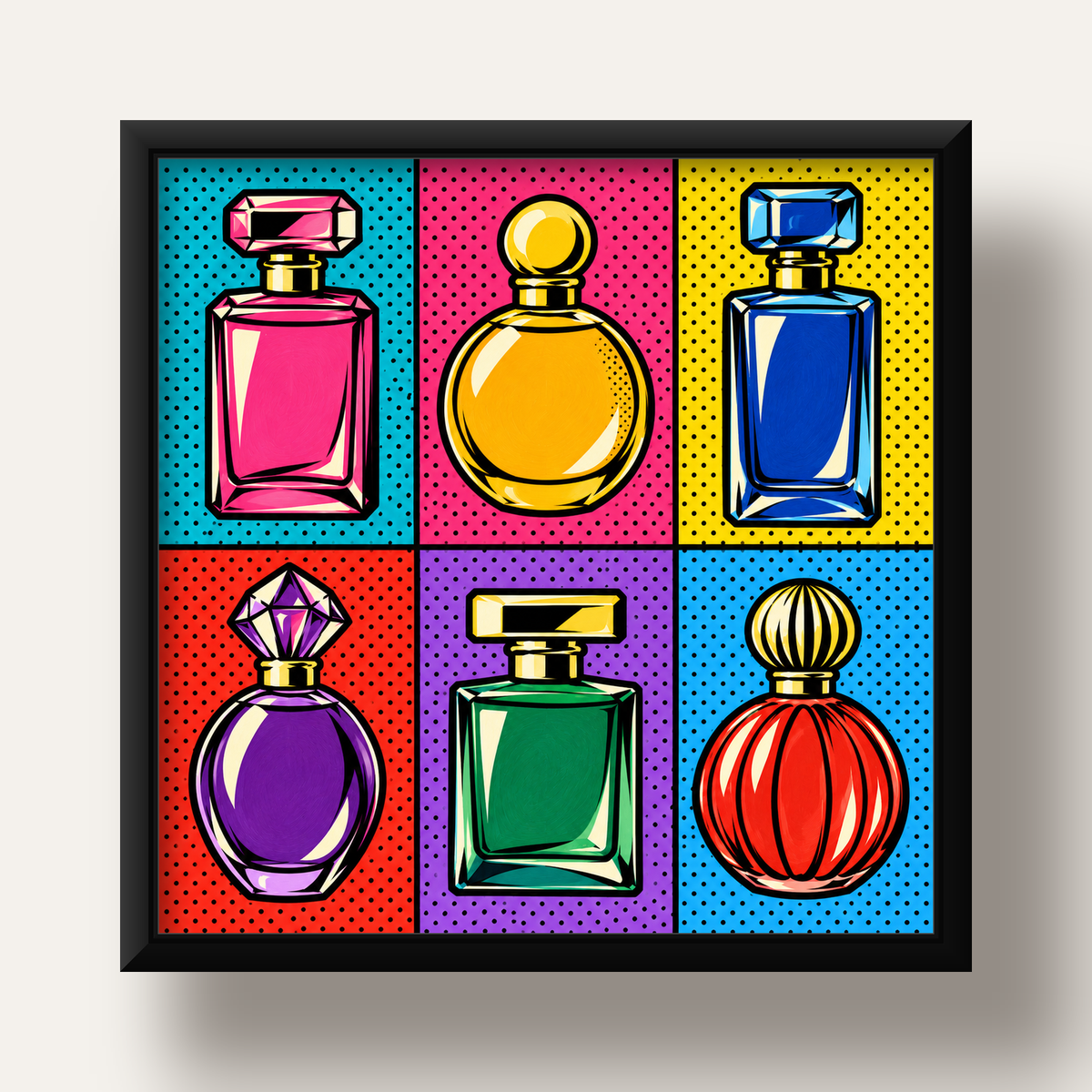 Pop Art Parfüm Şişeleri Poster – Renkli Duvar Dekoru — siyah derin çerçeveli