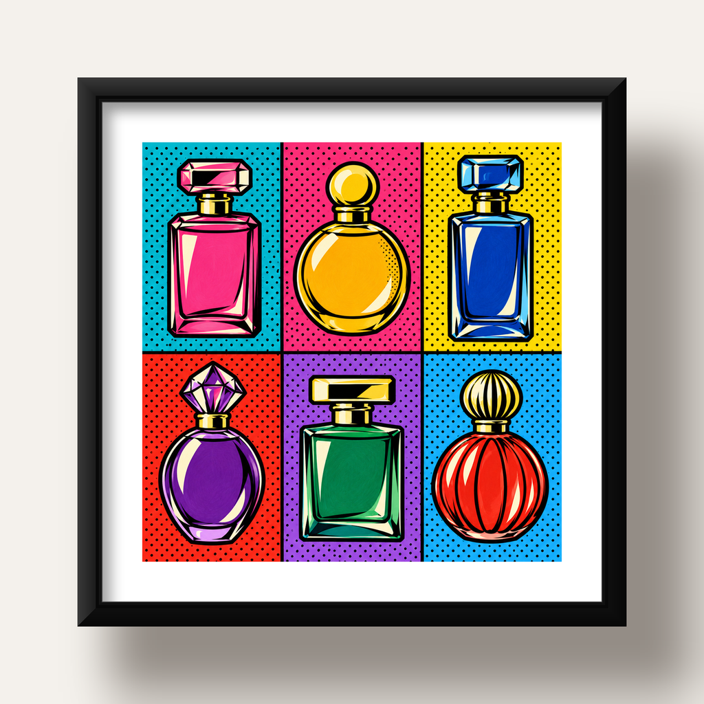 Pop Art Parfüm Şişeleri Poster – Renkli Duvar Dekoru — siyah derin çerçeveli paspartulu