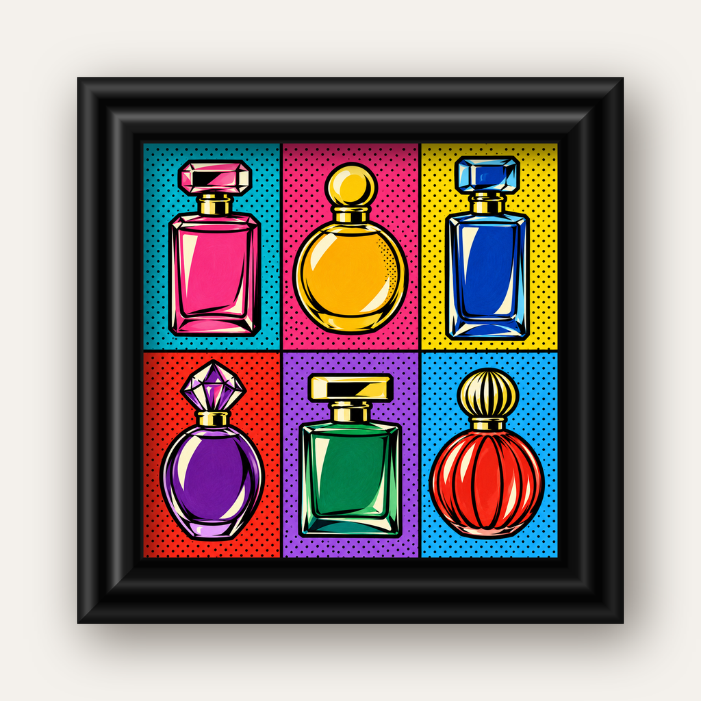 Pop Art Parfüm Şişeleri Poster – Renkli Duvar Dekoru — siyah galeri çerçeveli
