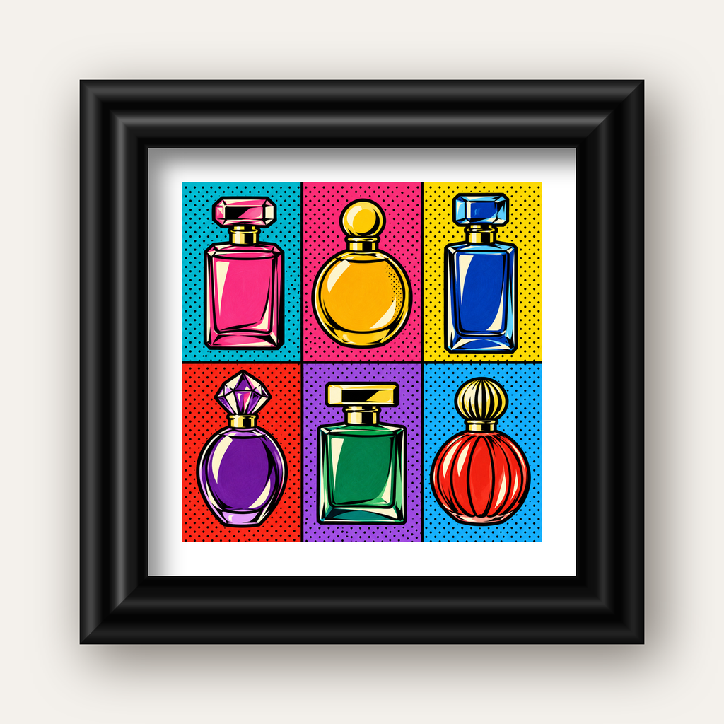 Pop Art Parfüm Şişeleri Poster – Renkli Duvar Dekoru — siyah galeri çerçeveli paspartulu