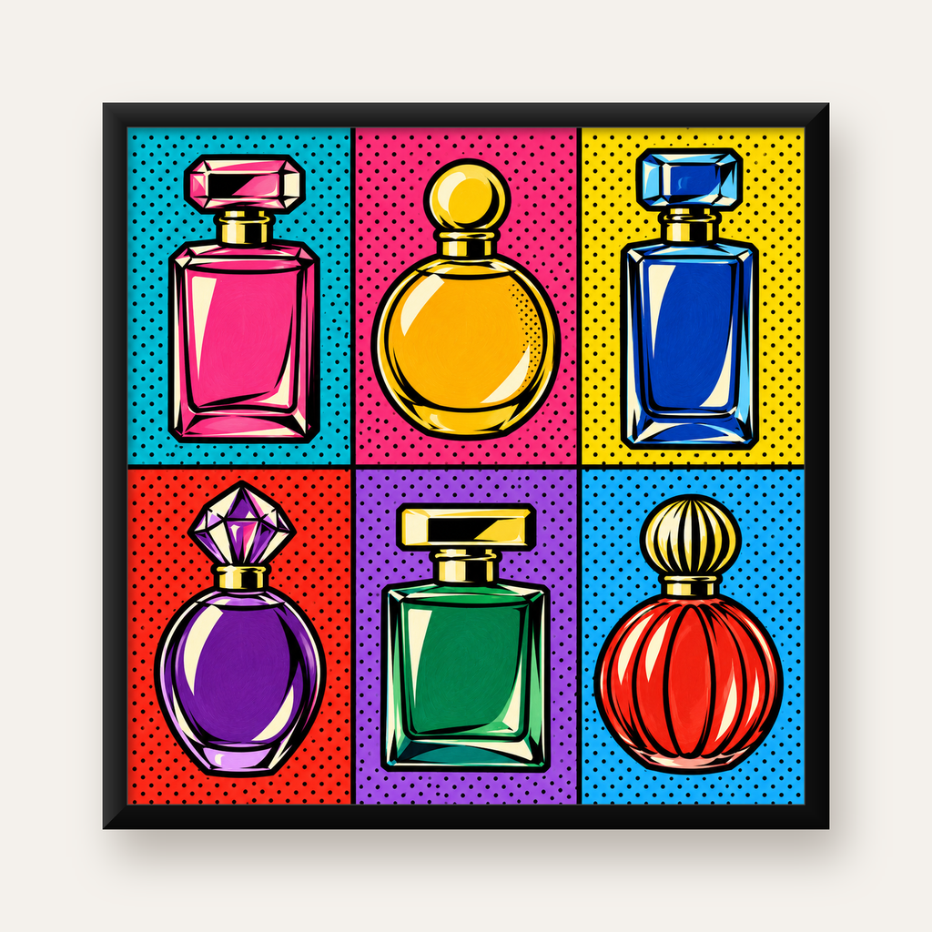 Pop Art Parfüm Şişeleri Poster – Renkli Duvar Dekoru — Kare baskı, düz siyah çerçeveli duvar posteri