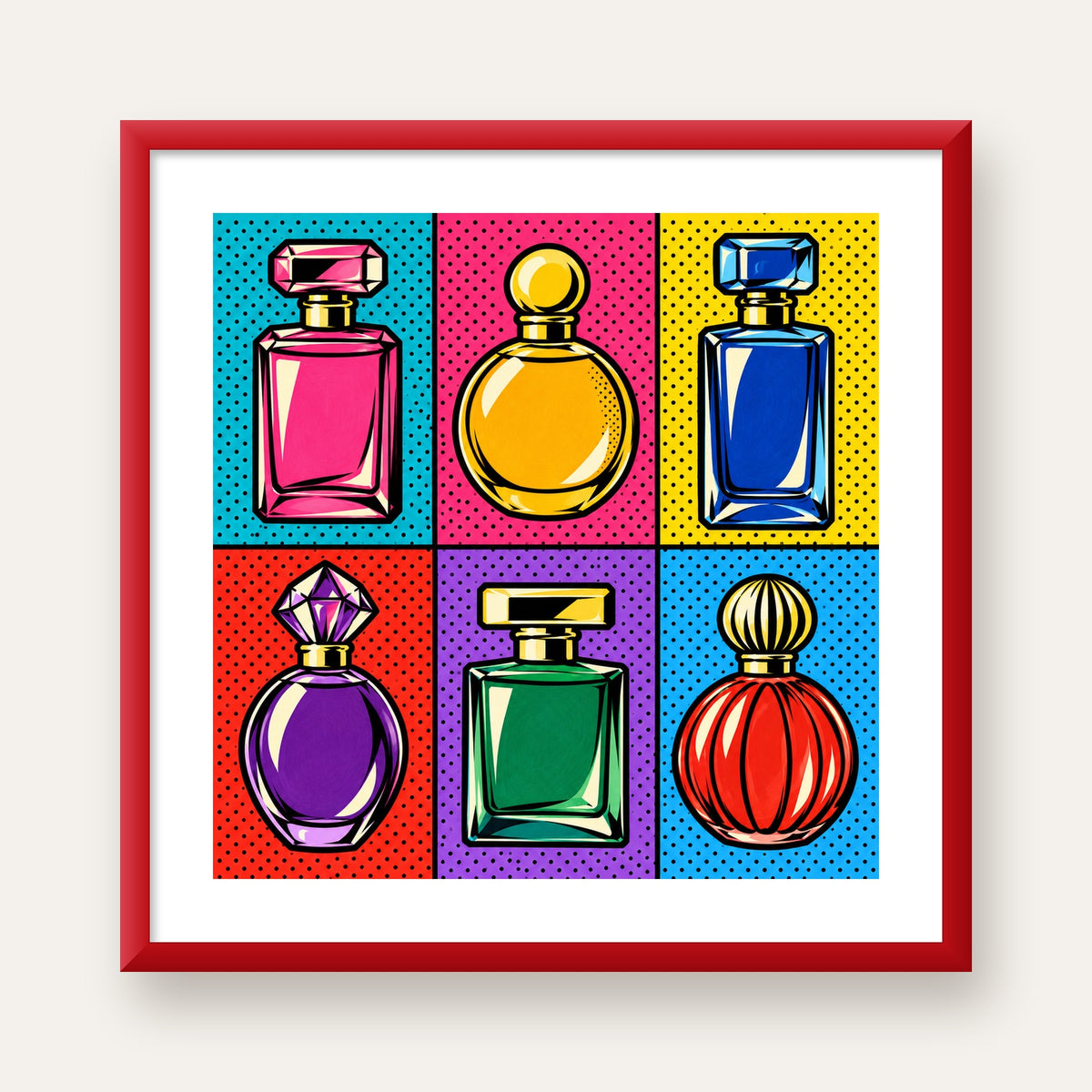 Pop Art Parfüm Şişeleri Poster – Renkli Duvar Dekoru — kırmızı çerçeveli paspartulu