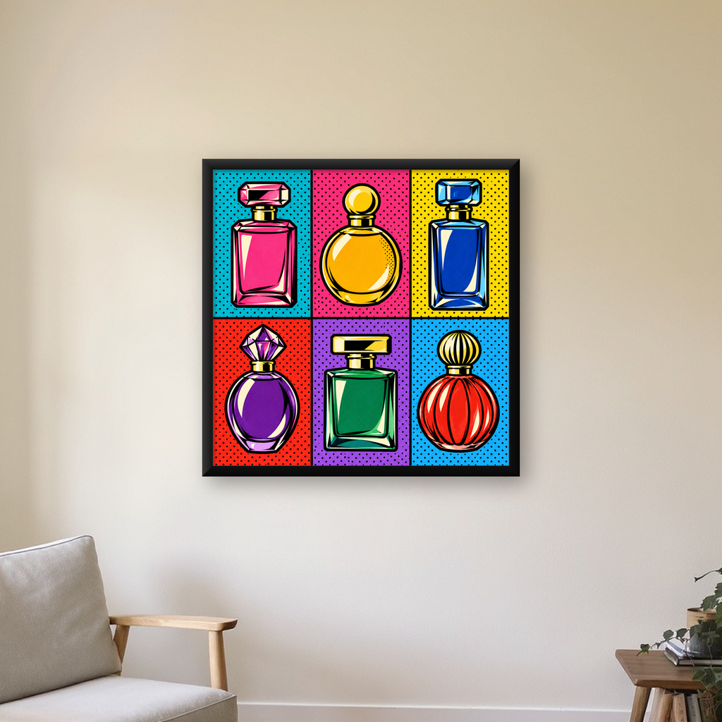 Pop Art Parfüm Şişeleri Poster – Renkli Duvar Dekoru — Kare baskı, çerçeveli hâliyle bir ev duvarında