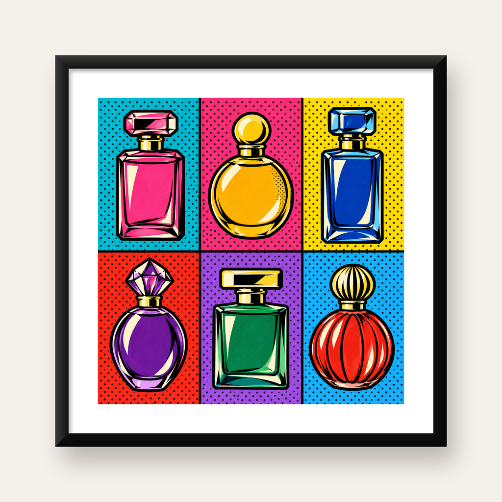 Pop Art Parfüm Şişeleri Poster – Renkli Duvar Dekoru — Kare baskı, beyaz paspartulu