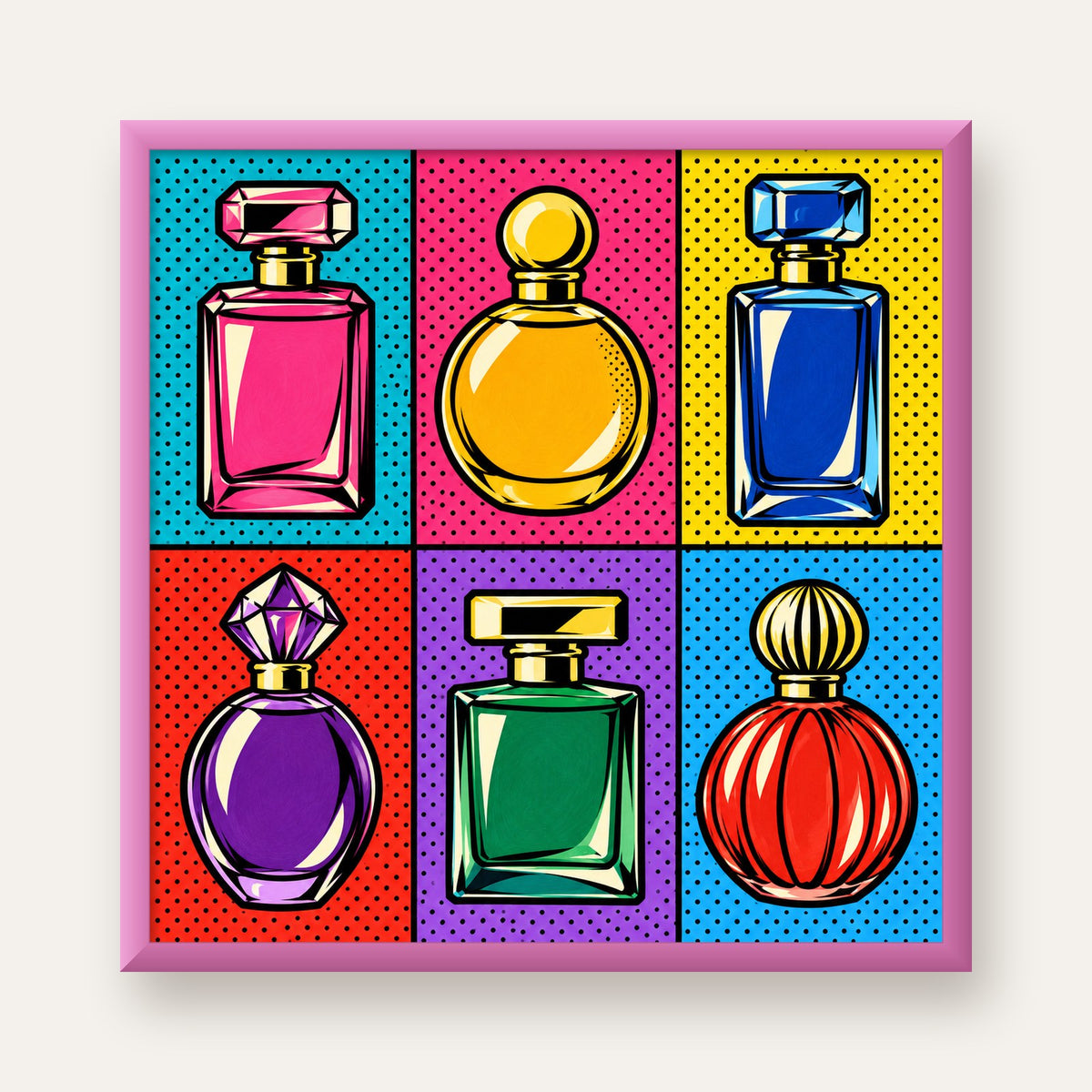Pop Art Parfüm Şişeleri Poster – Renkli Duvar Dekoru — pembe çerçeveli