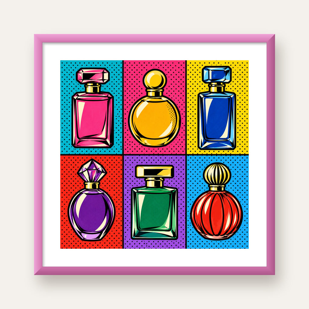 Pop Art Parfüm Şişeleri Poster – Renkli Duvar Dekoru — pembe çerçeveli paspartulu