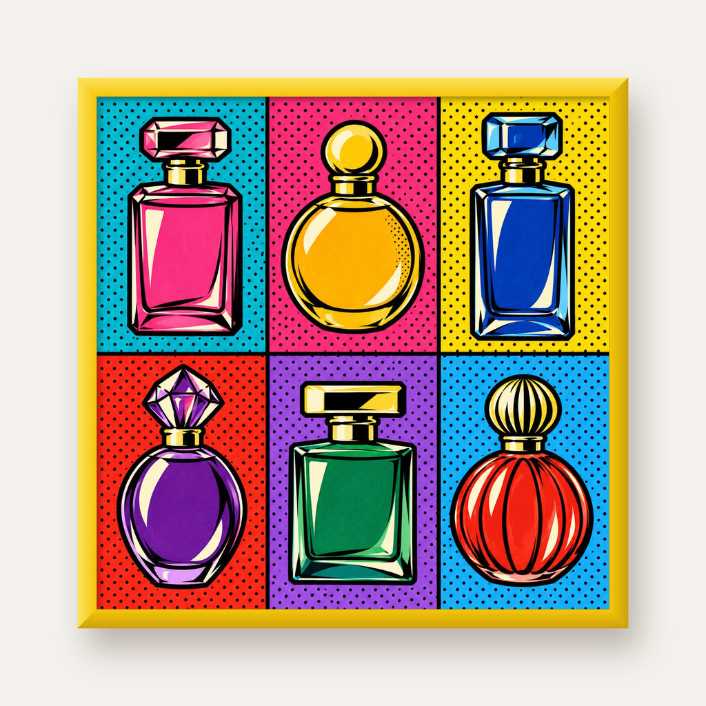 Pop Art Parfüm Şişeleri Poster – Renkli Duvar Dekoru — sarı çerçeveli