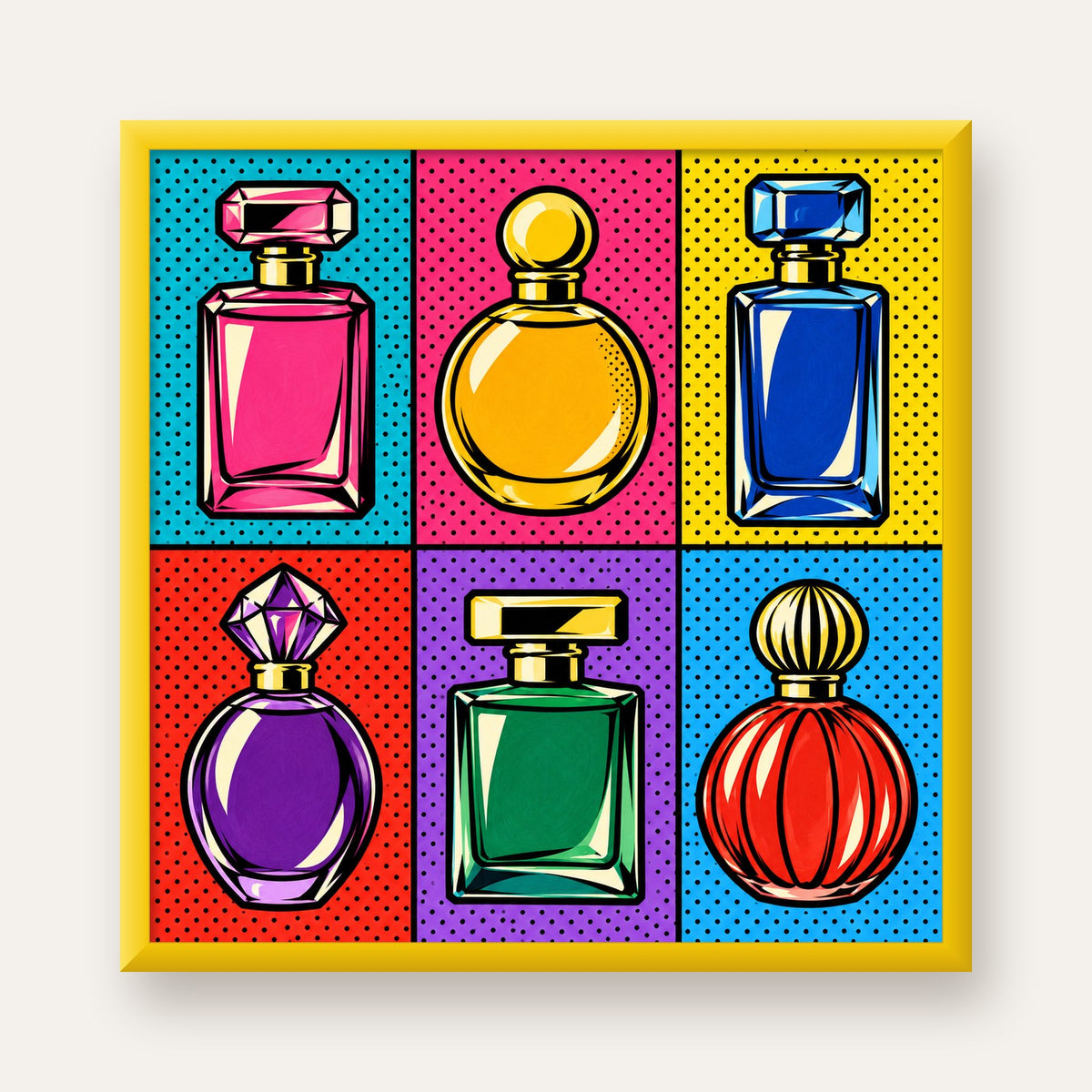 Pop Art Parfüm Şişeleri Poster – Renkli Duvar Dekoru — sarı çerçeveli
