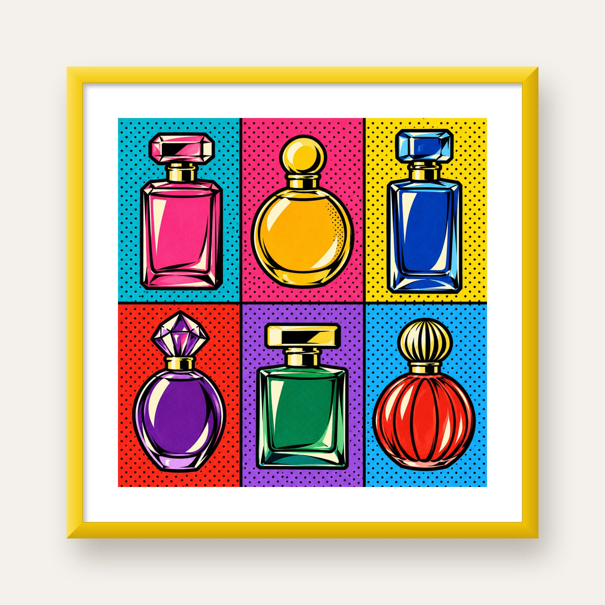 Pop Art Parfüm Şişeleri Poster – Renkli Duvar Dekoru — sarı çerçeveli paspartulu