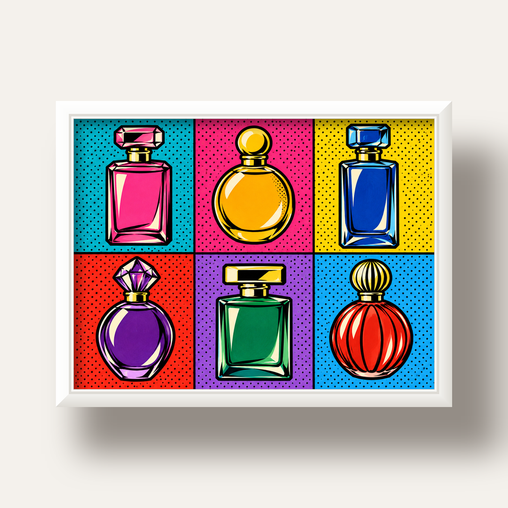 Pop Art Parfüm Şişeleri Poster – Renkli Duvar Dekoru — beyaz derin çerçeveli