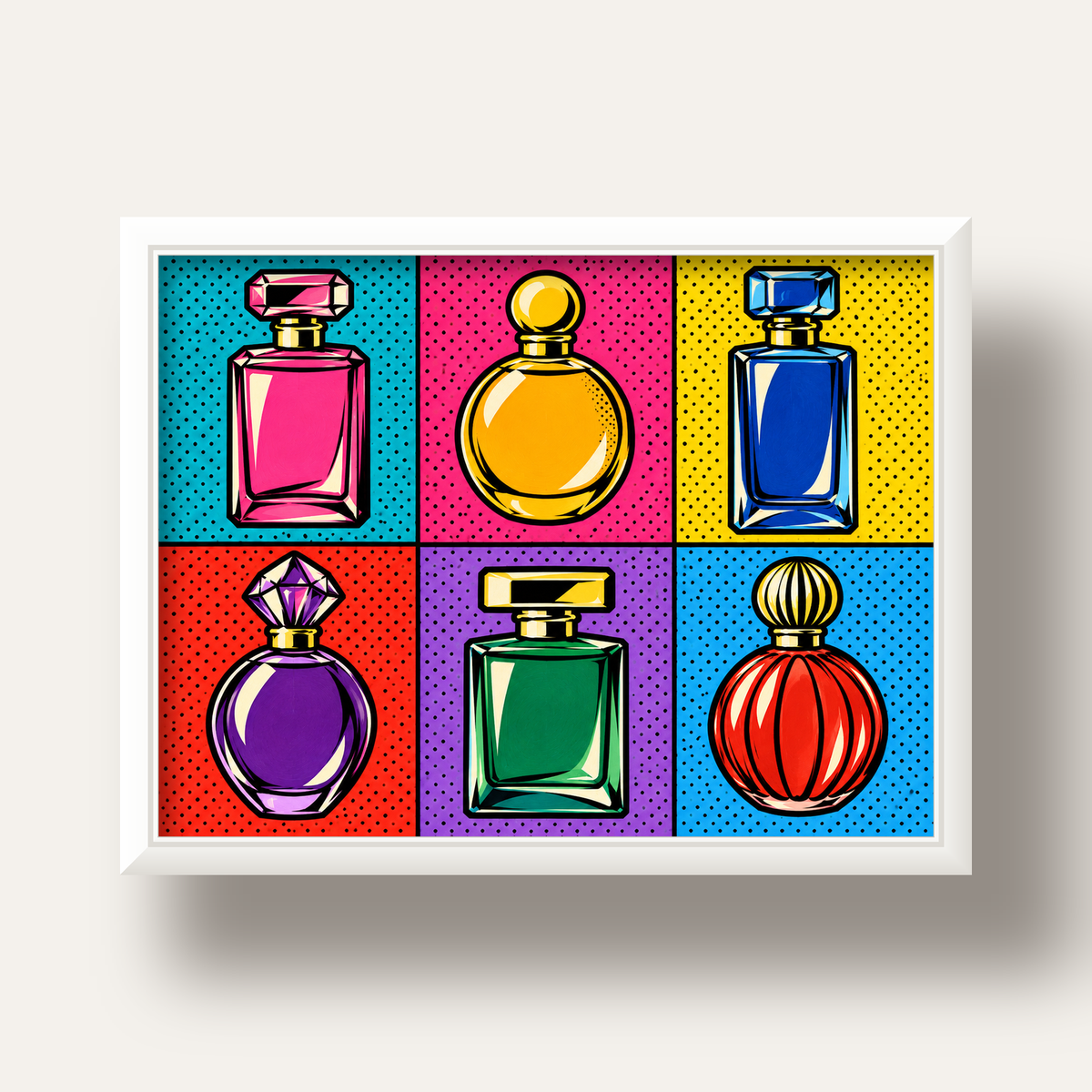 Pop Art Parfüm Şişeleri Poster – Renkli Duvar Dekoru — beyaz derin çerçeveli