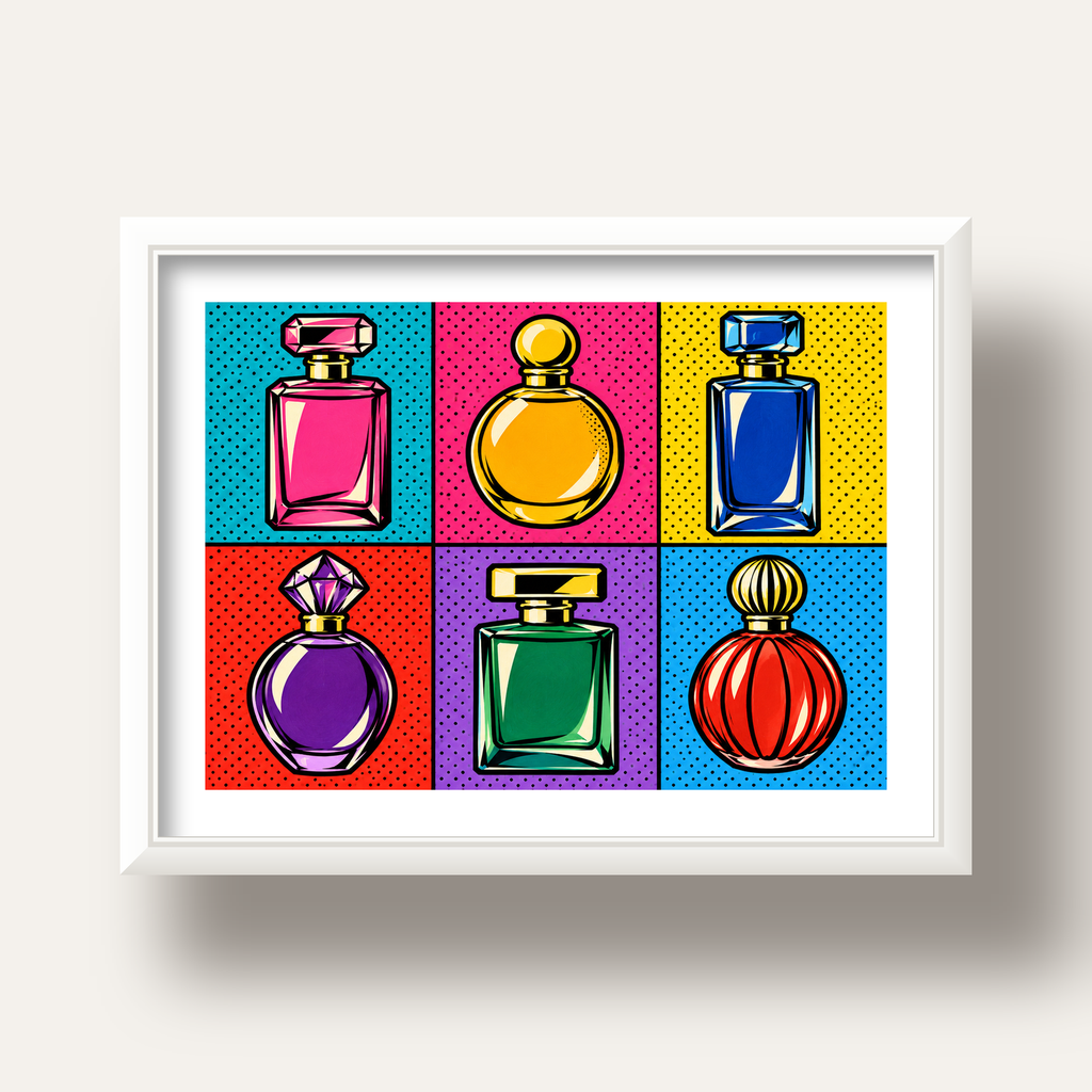 Pop Art Parfüm Şişeleri Poster – Renkli Duvar Dekoru — beyaz derin çerçeveli paspartulu