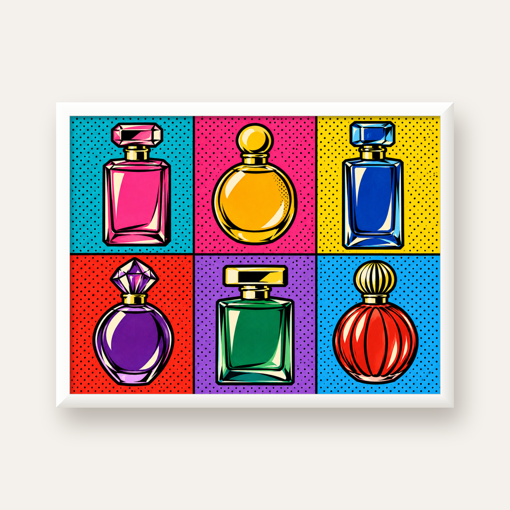 Pop Art Parfüm Şişeleri Poster – Renkli Duvar Dekoru — beyaz çerçeveli yatay poster