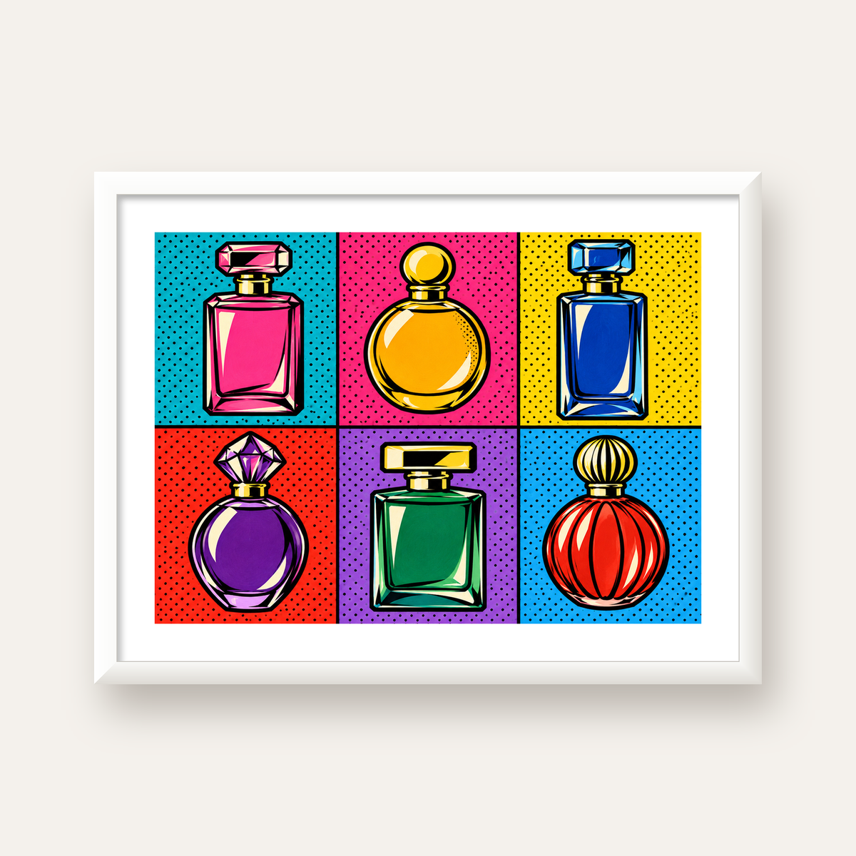 Pop Art Parfüm Şişeleri Poster – Renkli Duvar Dekoru — beyaz çerçeveli yatay poster