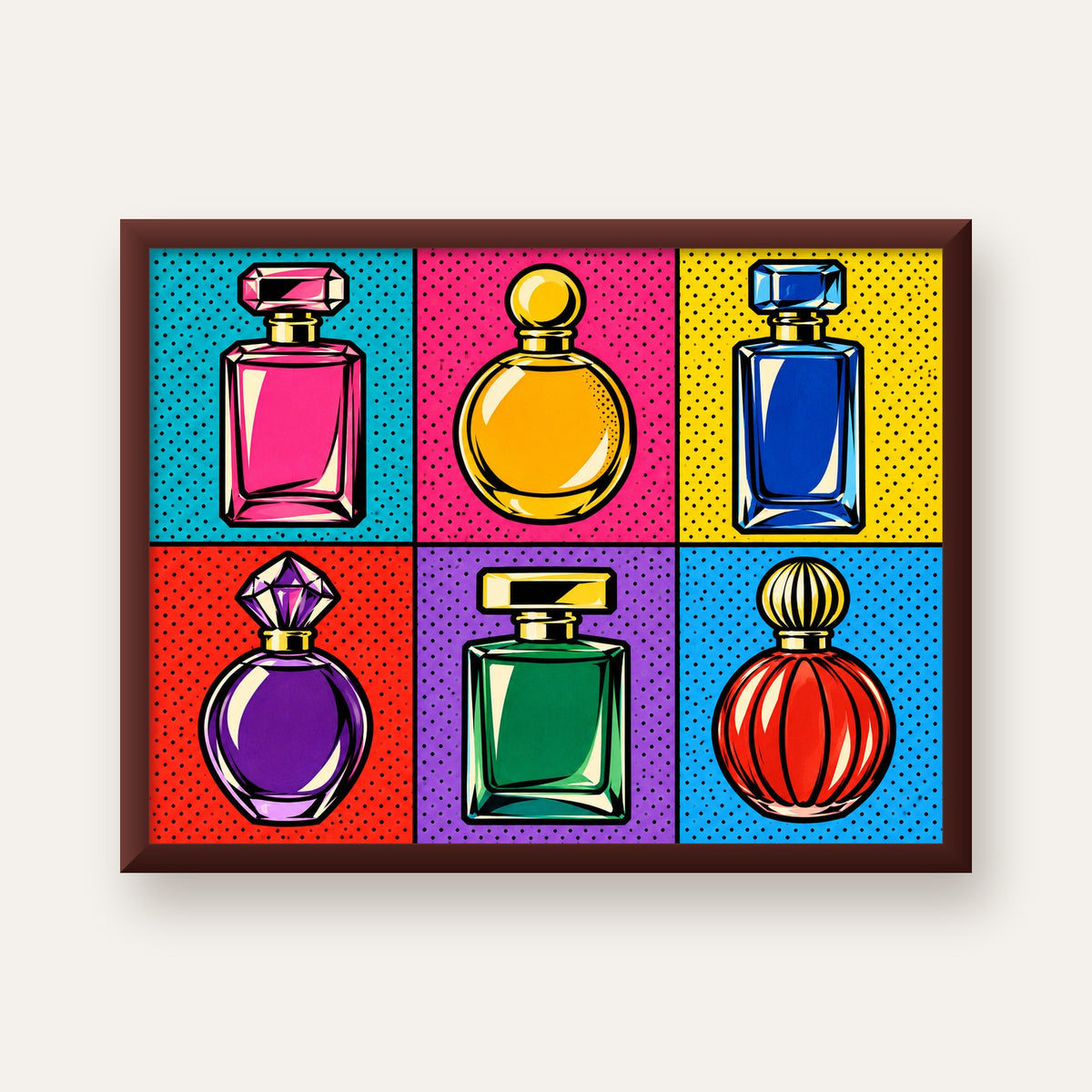 Pop Art Parfüm Şişeleri Poster – Renkli Duvar Dekoru — ceviz çerçeveli