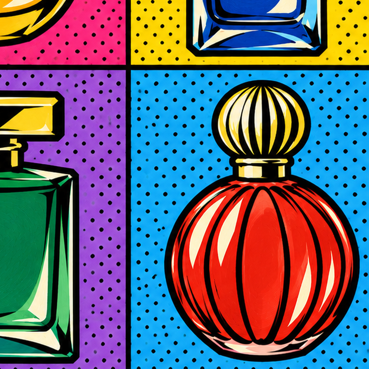 Pop Art Parfüm Şişeleri Poster – Renkli Duvar Dekoru — baskının yakın çekimi, kâğıt dokusu ve renk detayı
