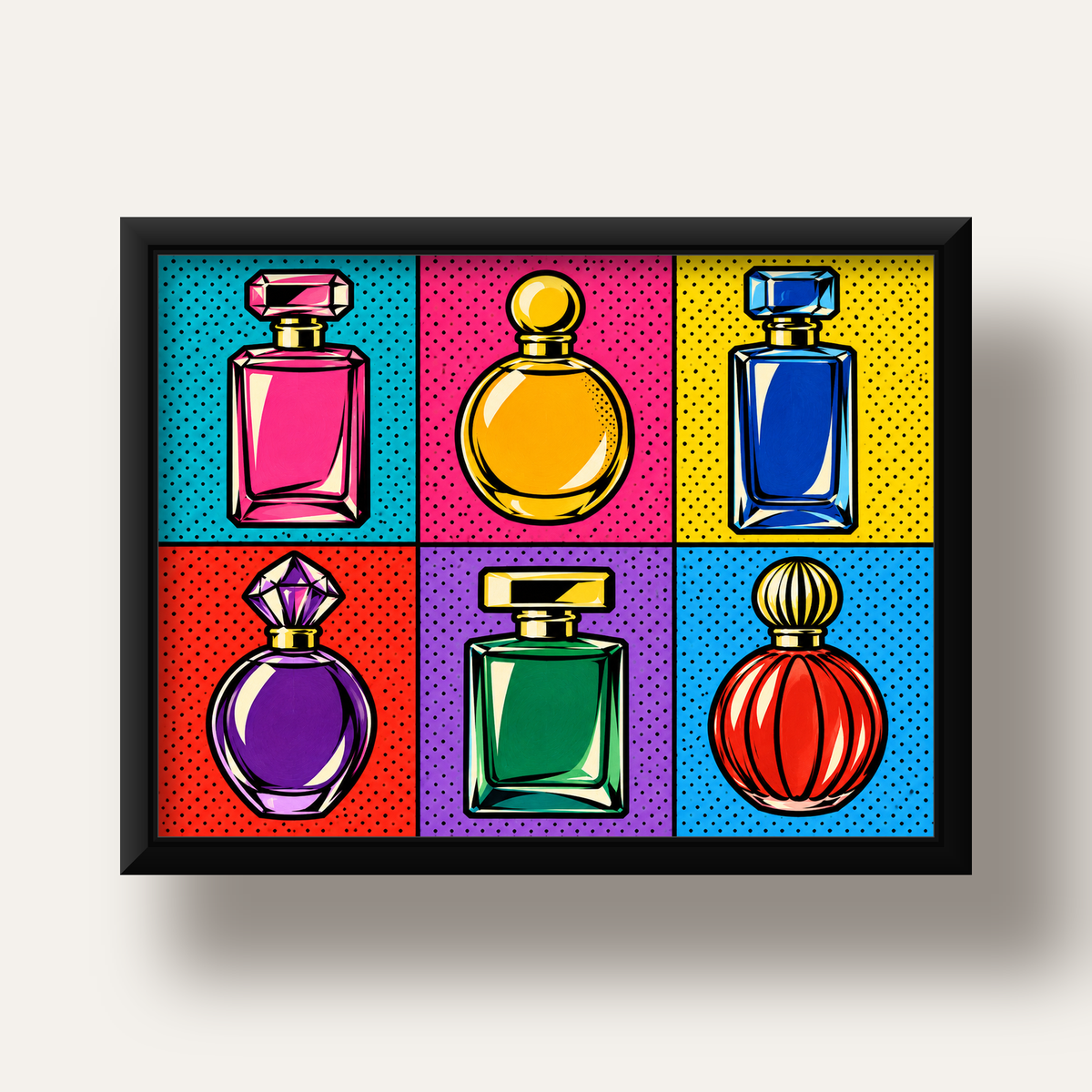Pop Art Parfüm Şişeleri Poster – Renkli Duvar Dekoru — siyah derin çerçeveli