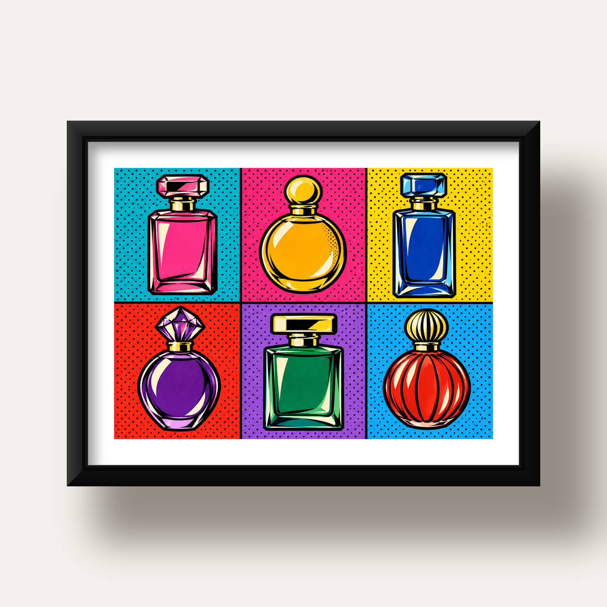 Pop Art Parfüm Şişeleri Poster – Renkli Duvar Dekoru — siyah derin çerçeveli paspartulu
