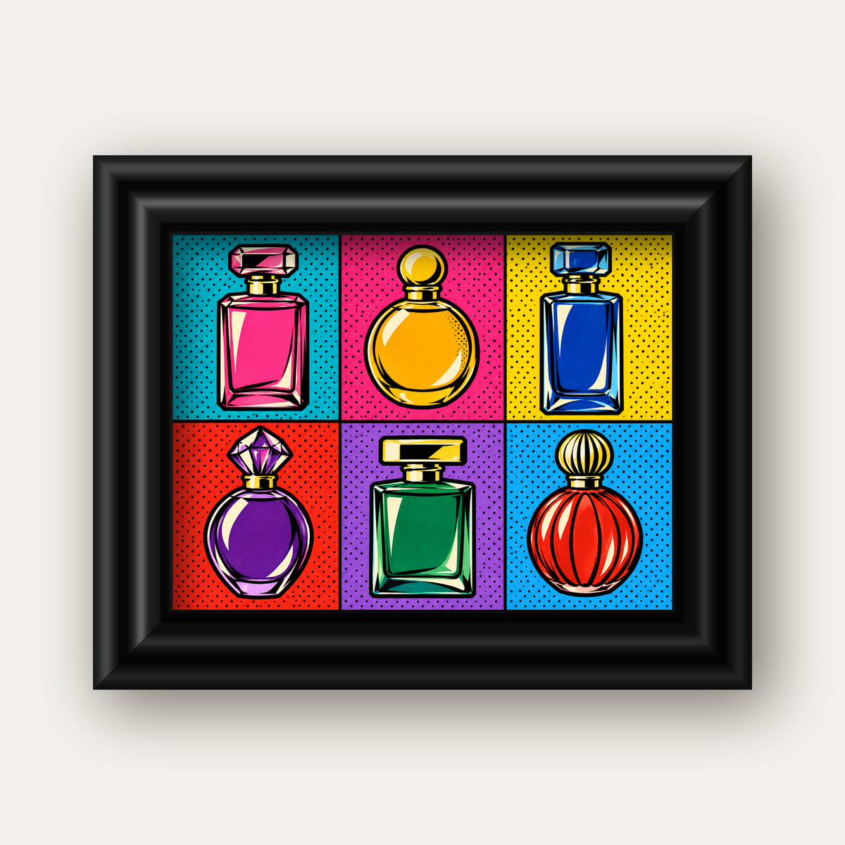 Pop Art Parfüm Şişeleri Poster – Renkli Duvar Dekoru — siyah galeri çerçeveli