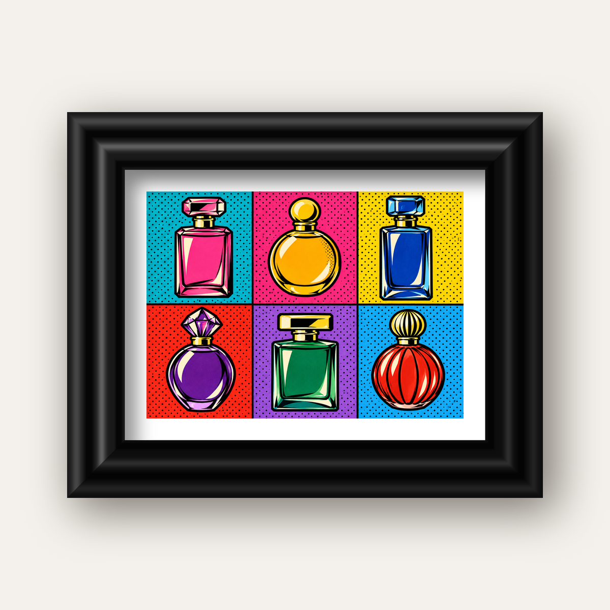 Pop Art Parfüm Şişeleri Poster – Renkli Duvar Dekoru — siyah galeri çerçeveli paspartulu