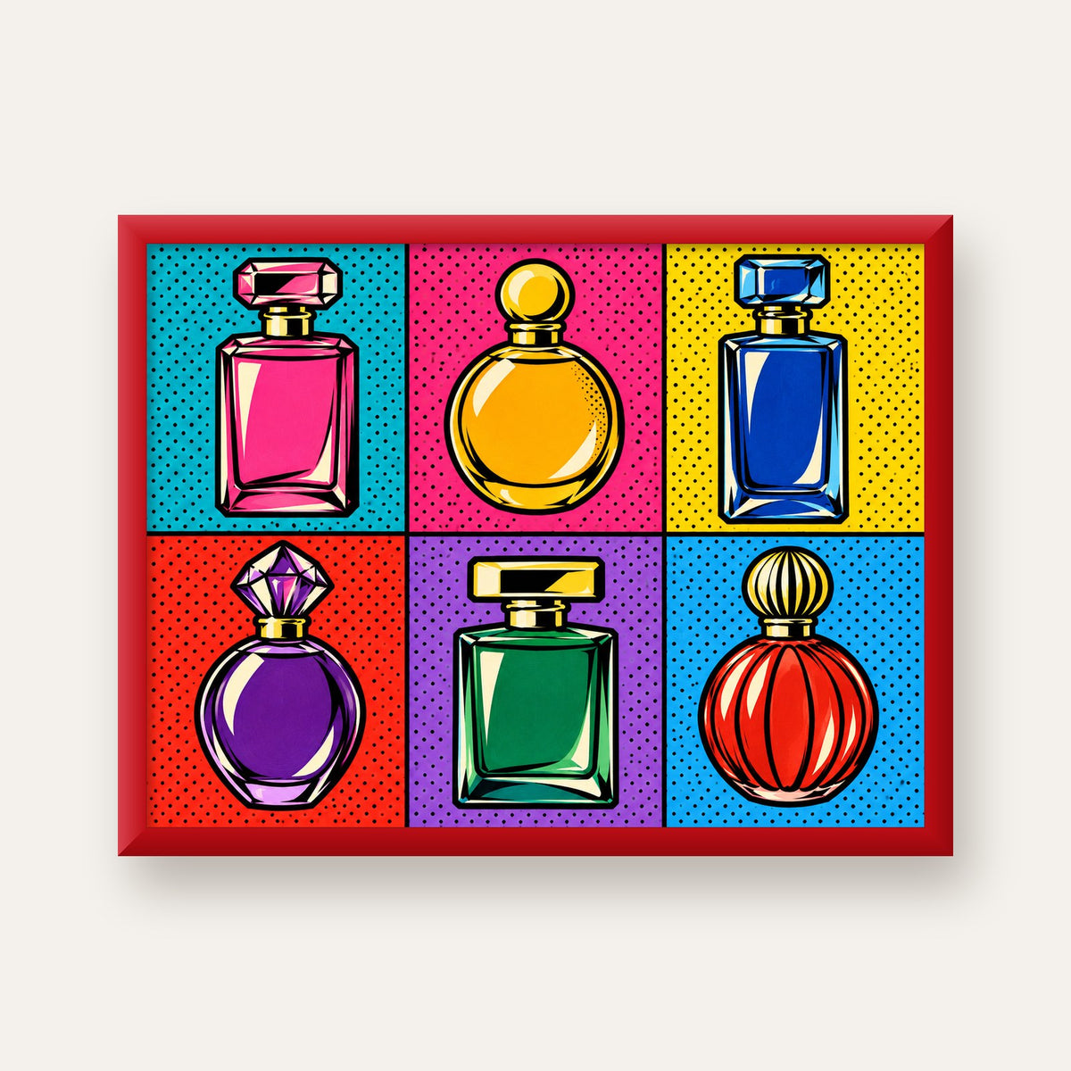 Pop Art Parfüm Şişeleri Poster – Renkli Duvar Dekoru — kırmızı çerçeveli