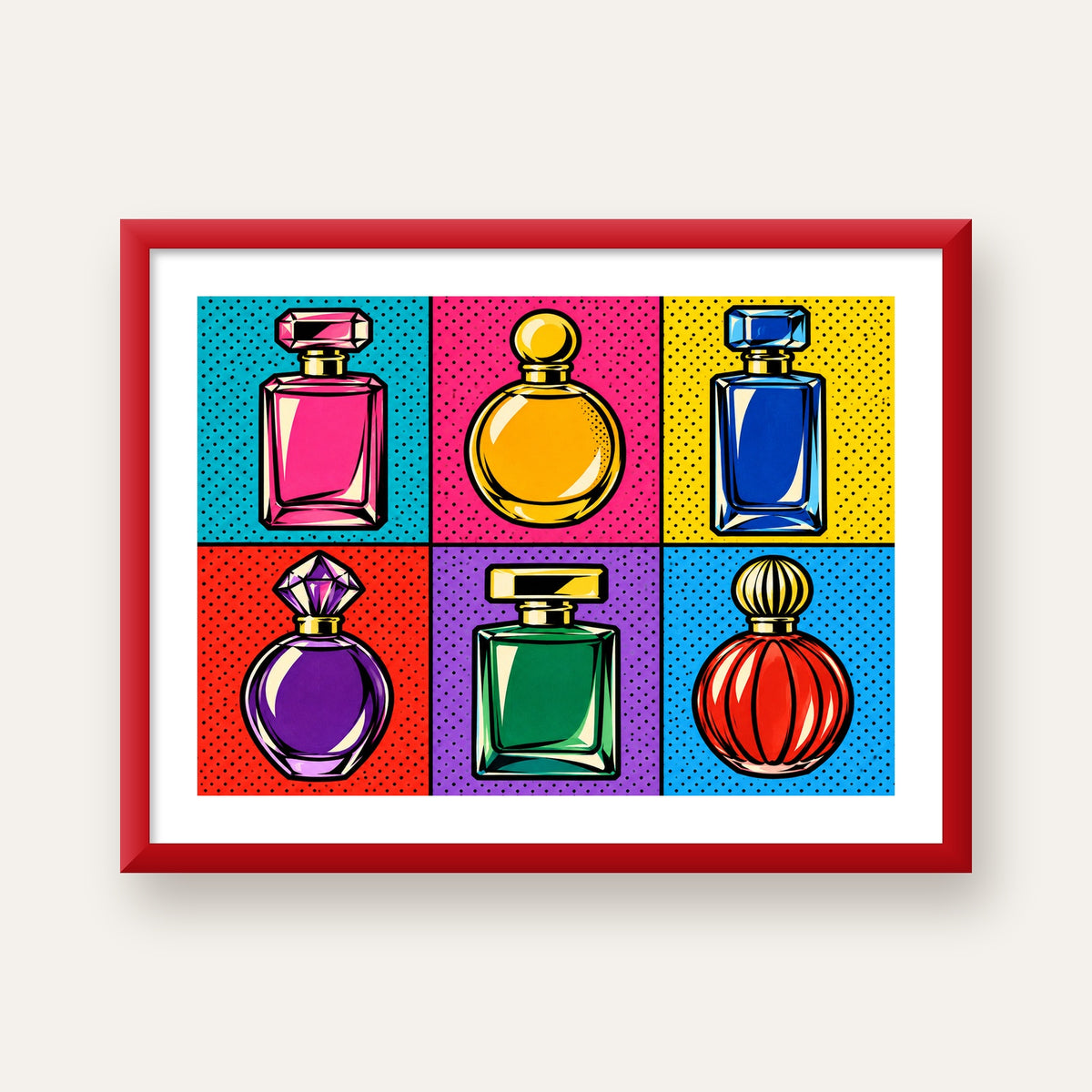 Pop Art Parfüm Şişeleri Poster – Renkli Duvar Dekoru — kırmızı çerçeveli paspartulu