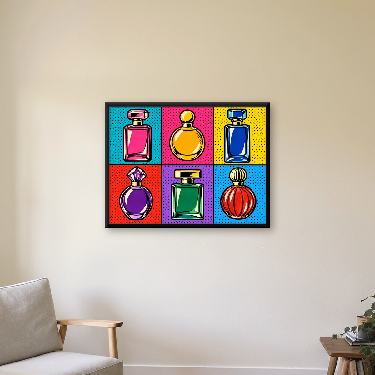 Pop Art Parfüm Şişeleri Poster – Renkli Duvar Dekoru — Yatay baskı, çerçeveli hâliyle bir ev duvarında