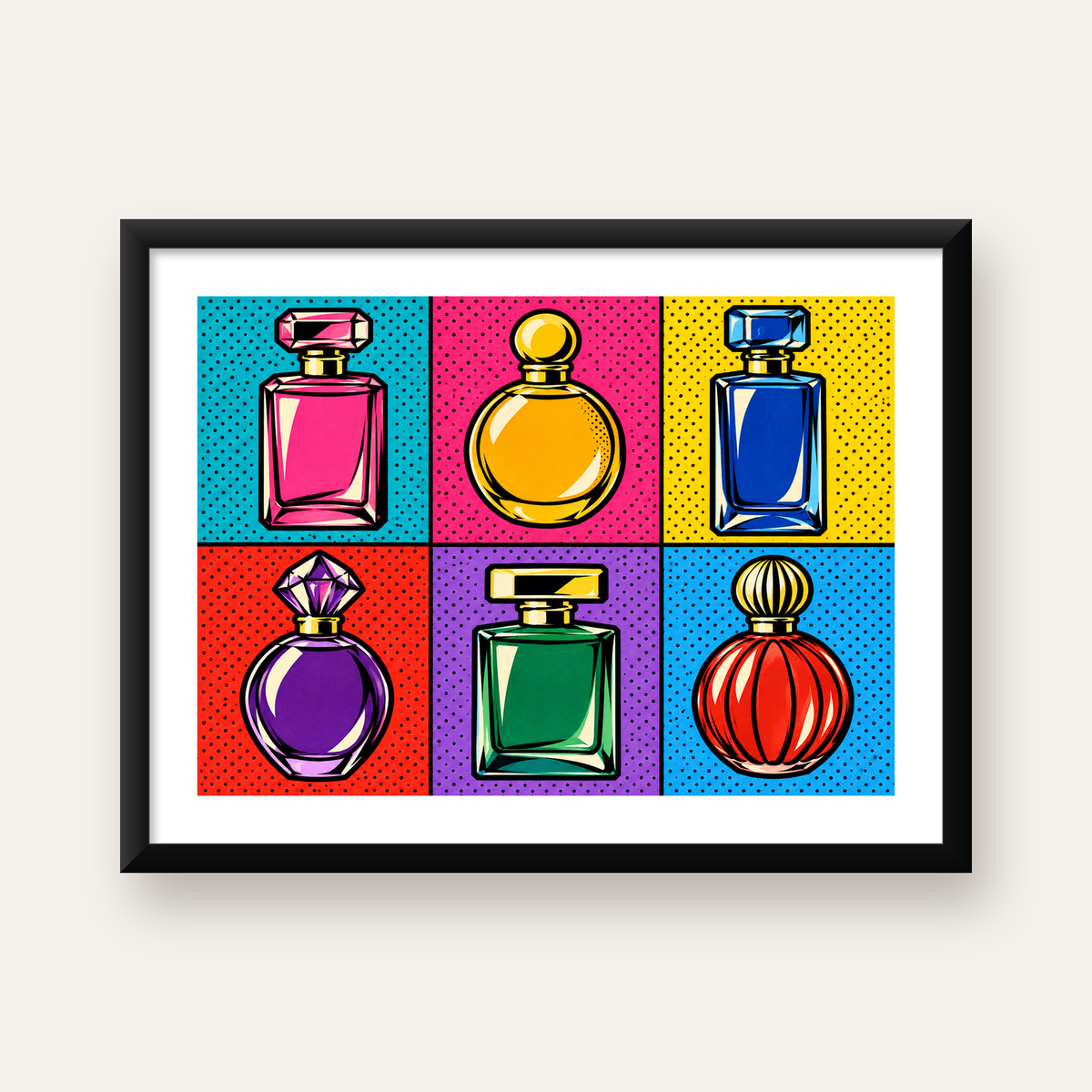 Pop Art Parfüm Şişeleri Poster – Renkli Duvar Dekoru — Yatay baskı, beyaz paspartulu