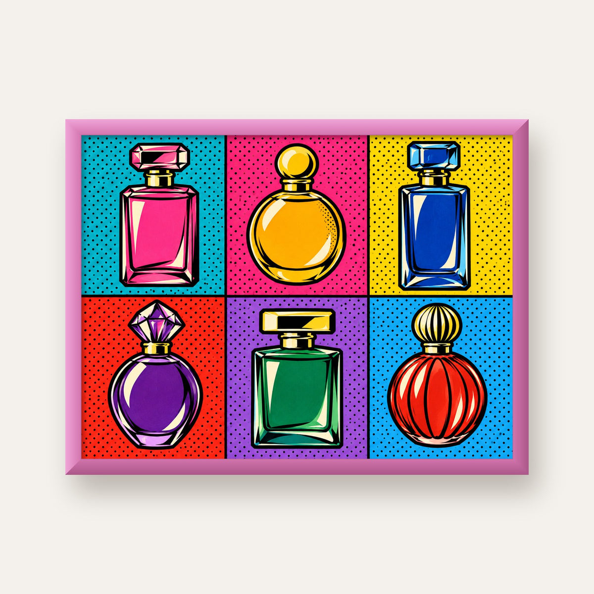Pop Art Parfüm Şişeleri Poster – Renkli Duvar Dekoru — pembe çerçeveli