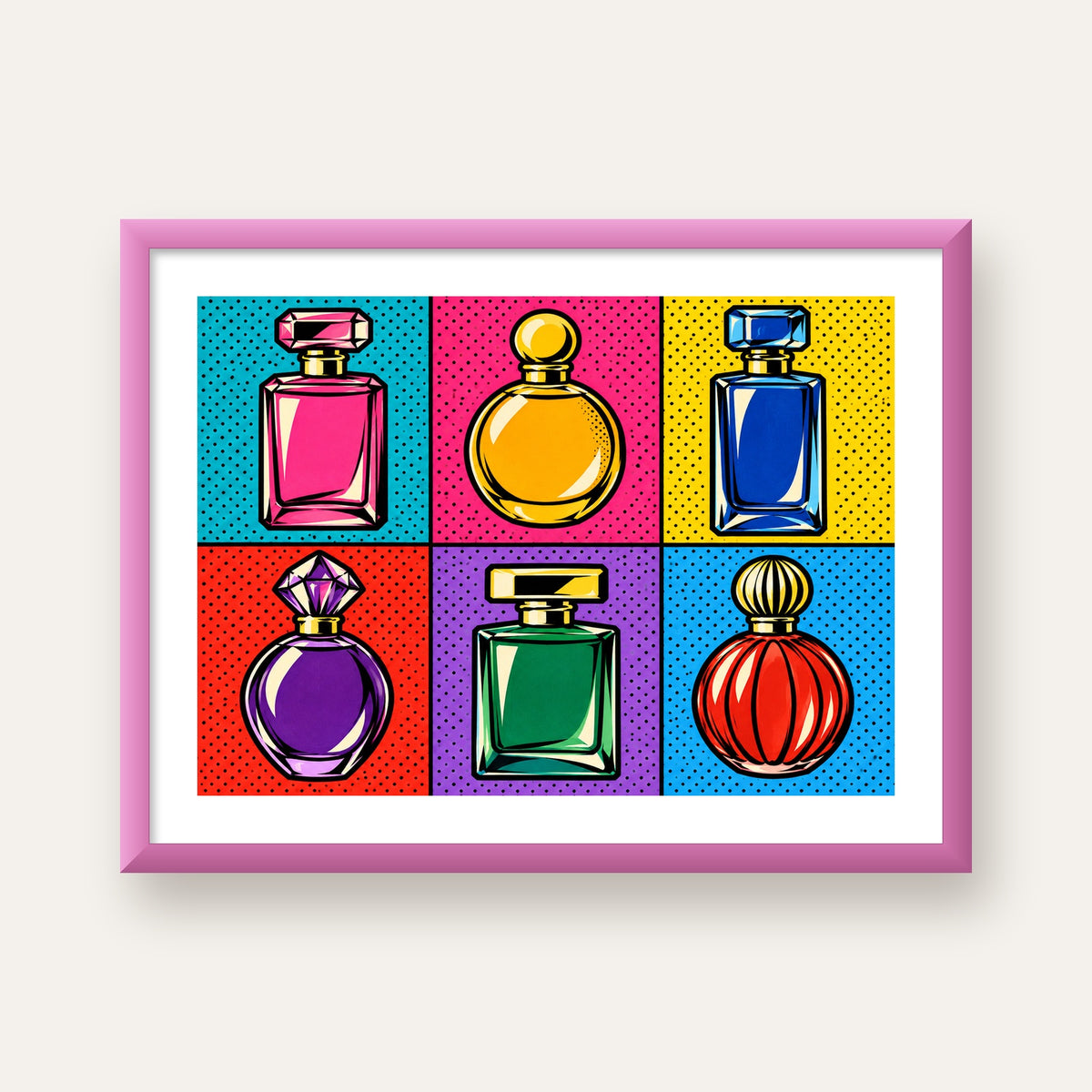 Pop Art Parfüm Şişeleri Poster – Renkli Duvar Dekoru — pembe çerçeveli paspartulu
