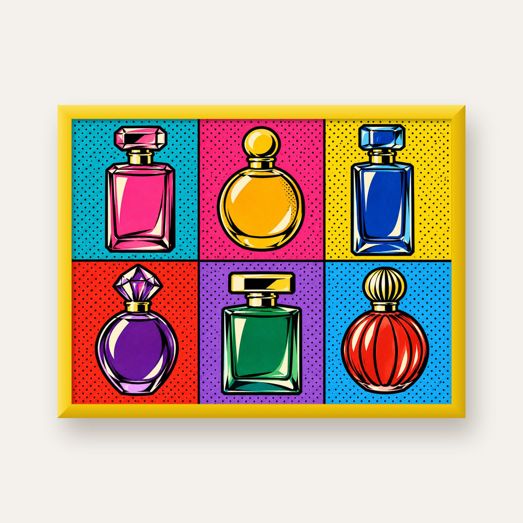 Pop Art Parfüm Şişeleri Poster – Renkli Duvar Dekoru — sarı çerçeveli