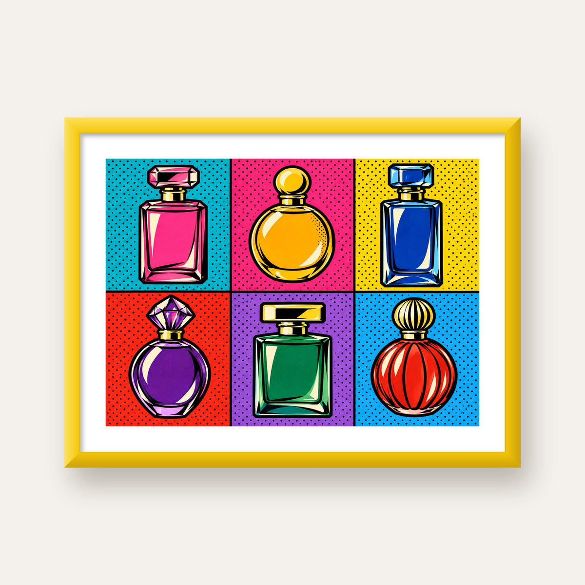 Pop Art Parfüm Şişeleri Poster – Renkli Duvar Dekoru — sarı çerçeveli paspartulu