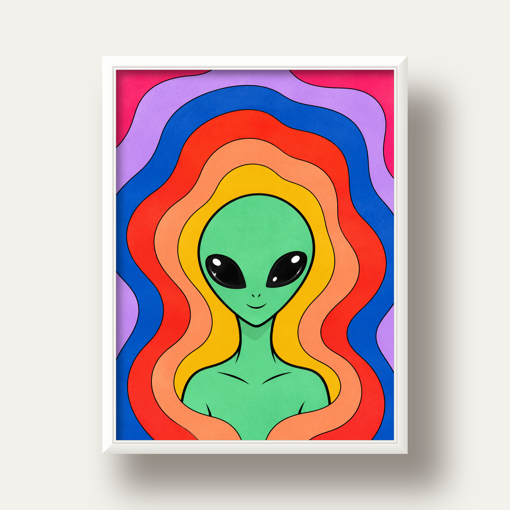 Renkli Uzaylı Portresi Dijital Poster – Modern Pop Art Tasarım — beyaz derin çerçeveli